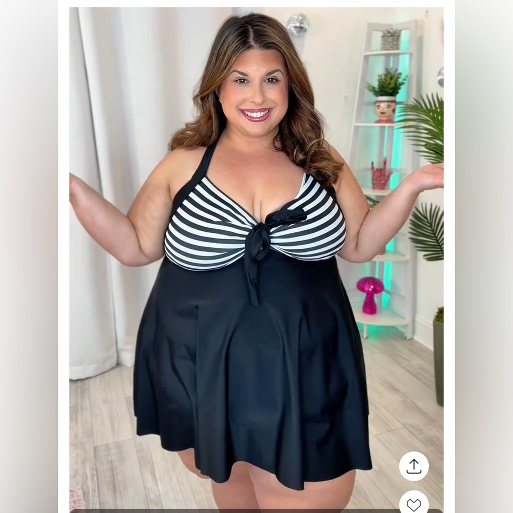 Plus Striped Swim-dress with Bottoms